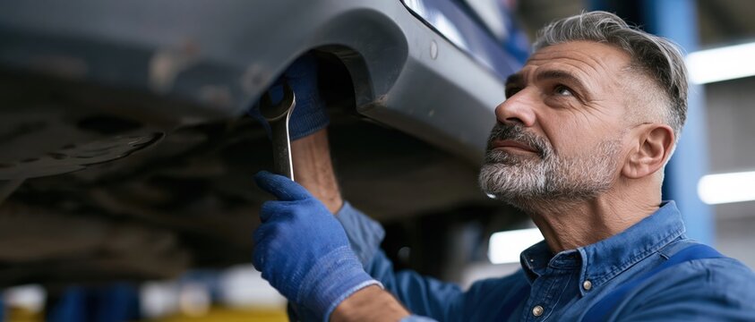 A professional mechanic diligently focuses on repairing a vehicle, highlighting craftsmanship and expertise in an industrial garage, showcasing dedication to the automotive field.