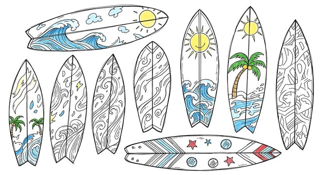 Hand Drawn Colorful Surfboards Arranged on White Background