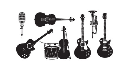Fototapeta premium Musical instruments collection silhouette with acoustic guitar microphone drum trumpet violin isolated on white backdrop.