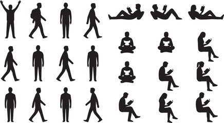 People silhouettes vector set with men and women walking, standing, sitting cross-legged, and lying down reading books © Mokbul