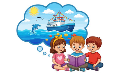 Naklejka premium Children sitting on floor reading book, imagination and learning concept, kids education background