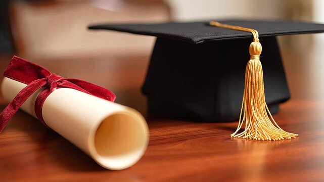 Close-up of graduation cap and diploma illustrating academic achievement and educational milestone on a wooden desk