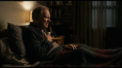 Fototapeta premium Elderly Man Suffering From a Medical Condition, Sitting Upright in Bed At Night