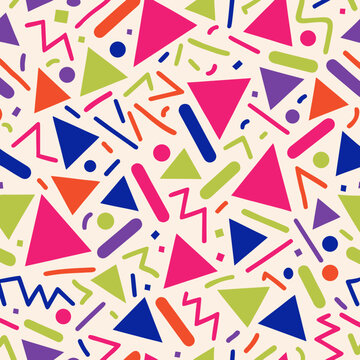 Vibrant 1980s or 1990s style geometric backdrop with confetti elements