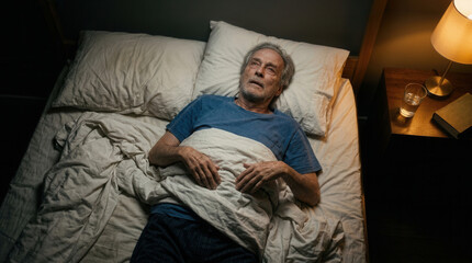 Fototapeta premium Elderly Man Suffering From Insomnia in Bed Under Weak Lamp Light With Book