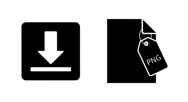 Minimal black silhouette icon, simple flat vector, bold black shape, no, no shading download icon and png file format tag on a, flat icon style