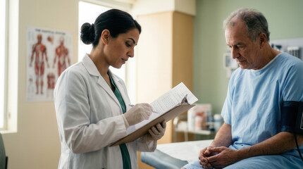 Fototapeta premium Doctor Examining Patient's Medical Records In A Sterile Clinical Setting