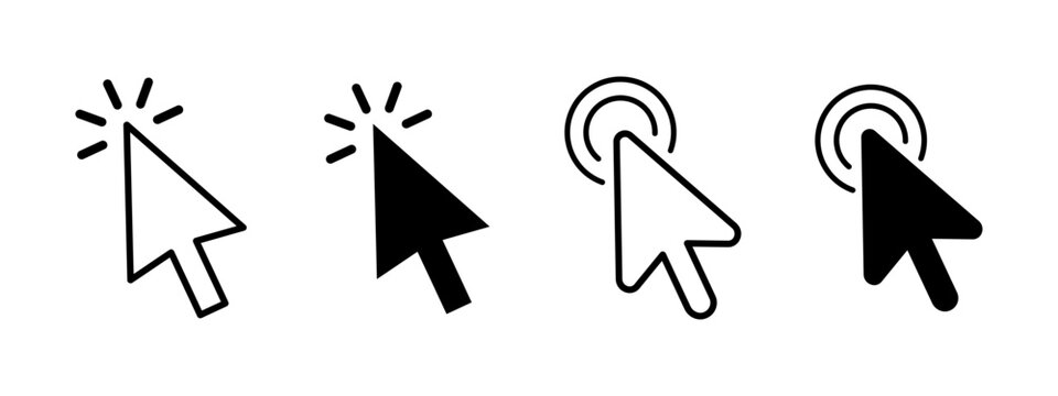 click cursor icon set. Click pointer arrow sign, pointing navigation signs, computer cursor mouse forms. solid black and outline click icons. Loading and press gesture symbols. Vector illustration.