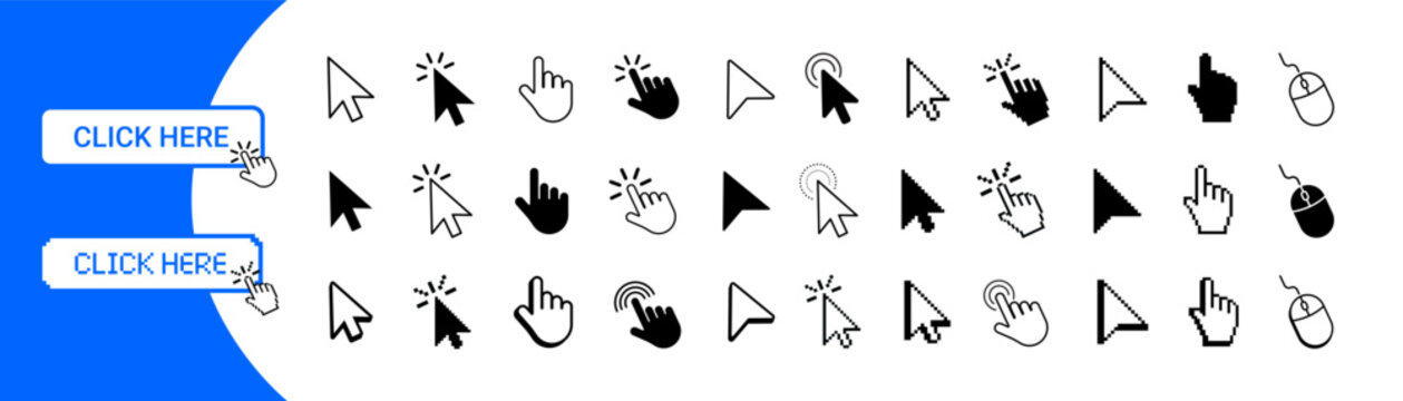 Mouse click cursor icon set. Hand pointer, pixel arrow, click here buttons. Retro 8-bit cursor and computer mouse forms. Vector illustration.
