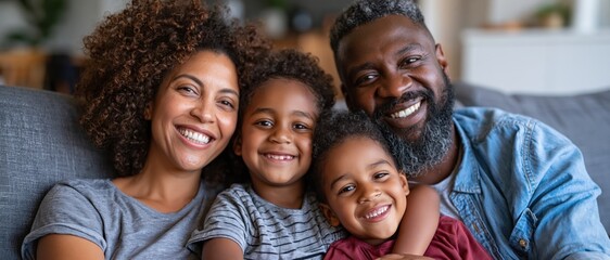 Obraz premium A joyful family snuggles together on a cozy couch, radiating happiness and love, demonstrating the importance of family connection and shared moments of joy.