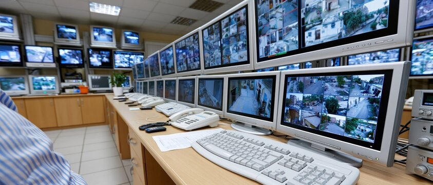 A modern surveillance room showcases numerous monitors displaying real-time video feeds, emphasizing the importance of security and surveillance technology in today's world.
