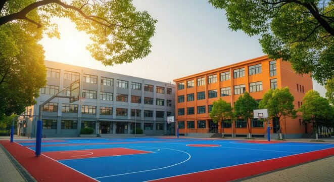Back to school vibrant outdoor basketball court at modern elementary and middle school building exterior