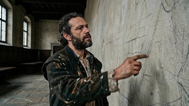 Bearded renaissance artist wearing paint splattered historical clothes examines and points at a delicate mural sketch drawn on a large plaster wall inside an ancient dimly lit classic workshop