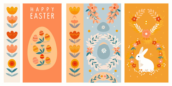 Floral ornament and easter egg patterns a set of four vertical vector illustrations