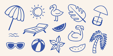 Collection Of Summer Vacation Doodles Blue Line Art Illustration On Beige Background © PabanBiswas
