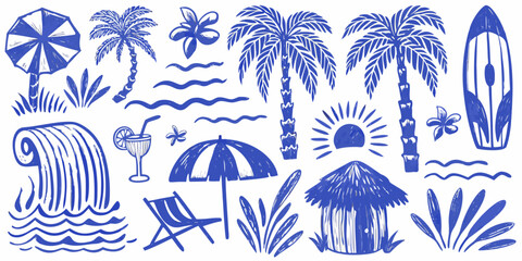 Obraz premium Blue toned Vector Illustration Of Tropical Beach Icons Including Palm Trees And Surfboard