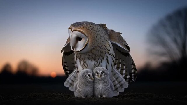 Majestic Barn Owl Mother Protects Adorable Owlets with Wings Spread Wide