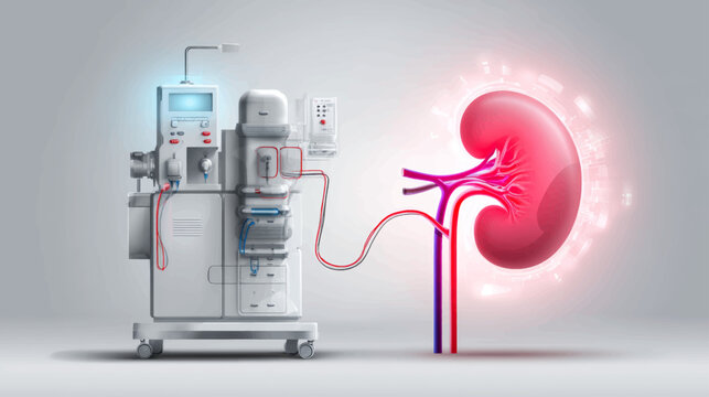 Clean dialysis machine and glowing kidney illustration for renal treatment and nephrology healthcare websites.