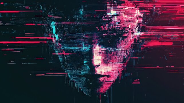 Abstract digital portrait of a human face with glitch art effect and vibrant red and blue neon colors