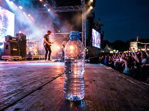 Clear Plastic Water Bottle Standing on Concert Stage Floor.