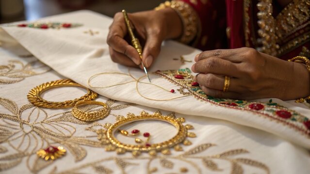 Close-up of hands embroidering intricate gold and red floral patterns on white fabric with needle and thread, showcasing detailed traditional craftsmanship.