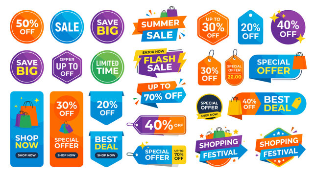 Colorful sale and discount stickers.