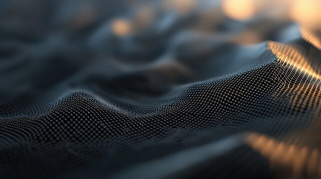 Abstract digital landscape with a glowing wireframe mesh surface representing data flow and technology