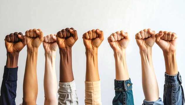 Close-up of diverse fists raised in solidarity against a plain white background, symbolizing unity and strength