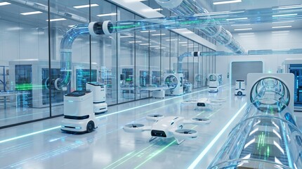 Fototapeta premium Autonomous delivery robots and aerial drones navigate through a high tech futuristic laboratory facility featuring glass walls glowing neon blue lights and complex data pipelines