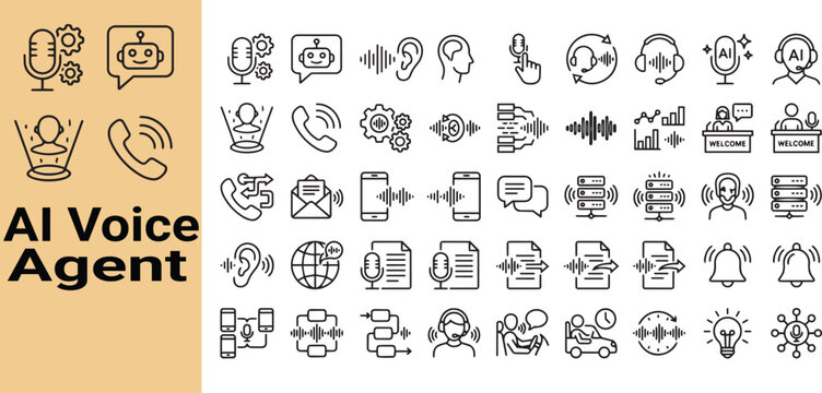 Advanced AI voice agent icon set with microphone, speech recognition, voice command and virtual assistant symbols. Ideal for voice AI apps, call centers and automation tools.