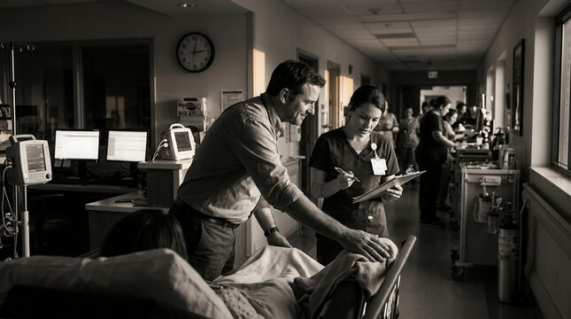 Hospital Team Providing Care to Patient in Corridor Illustrating Medical Treatment