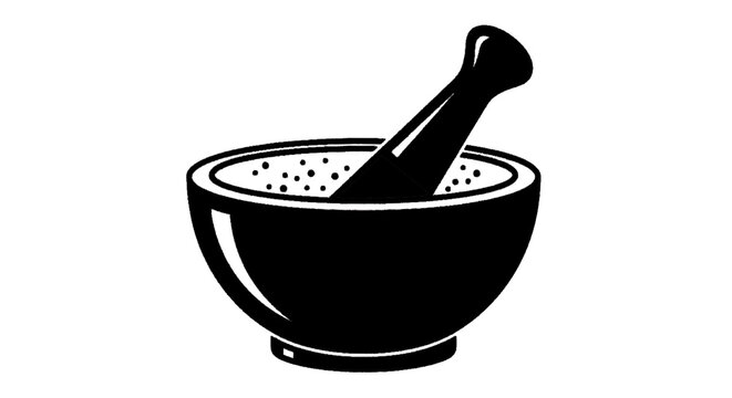 Minimal black silhouette icon, simple flat vector, bold black shape, no, no shading mortar and pestle icon for grinding herbs and spices on a, flat icon style