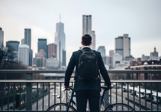 A determined man in a suit stands with a bicycle on an elevated walkway looking out at a sprawling cityscape of towering skyscrapers under an overcast sky representing ambition and urban commute