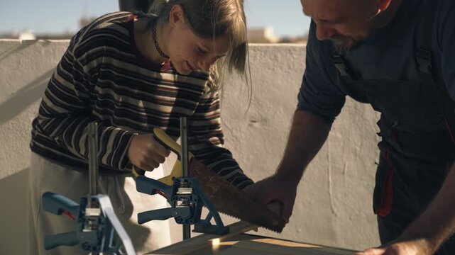 Father teach teenage daughter woodwork skills in workshop environment, highlight equal opportunities in hands-on education, empowerment, breaking traditional gender roles in practical craftsmanship