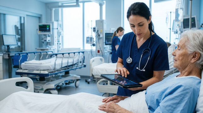 Hospital Nurse Discussing Medical Results With Patient Using Modern Technology
