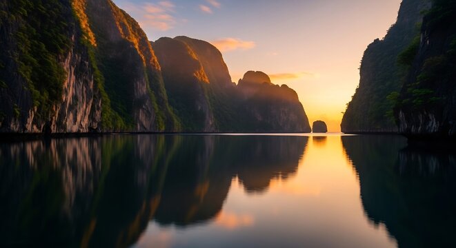 Majestic Limestone Karsts Emerge from Calm Waters at Sunrise in Ha Long Bay Vietnam.
