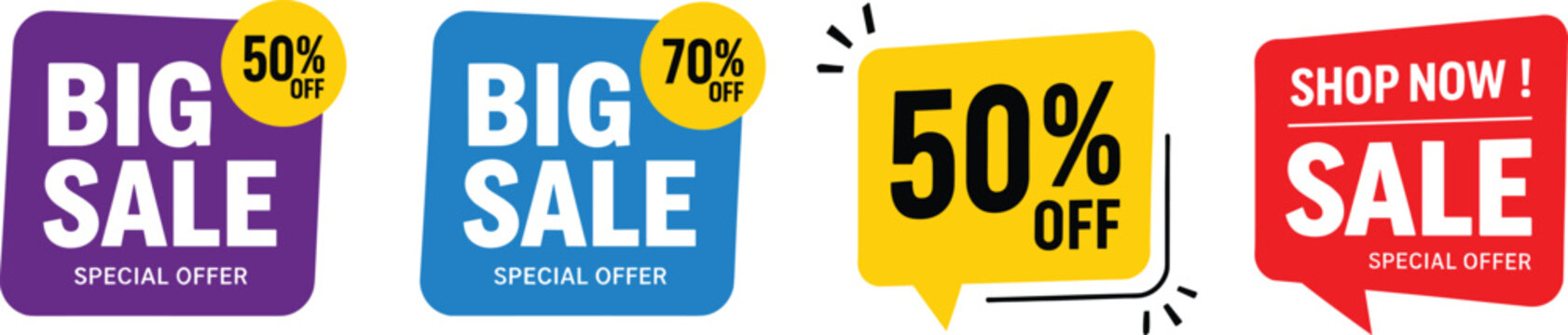 Set of colorful sale banners for marketing promotion with fifty and seventy percent off discounts icons.