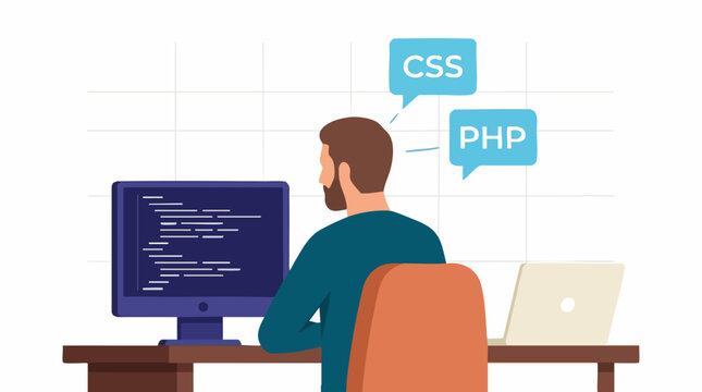 Developer working on web programming, coding CSS and PHP on computer