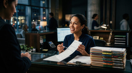 Obraz premium Friendly Receptionist Explaining Policies to Client at Office Front Desk in Evening Light