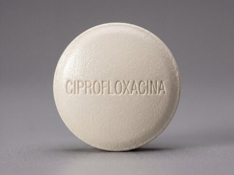 A professional photography close-up shot of a round film-coated tablet with CIPROFLOXACINA engraved on the surface, set against a smooth neutral background.