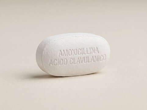 A professional photography close-up shot of a thick oblong pill with AMOXICILLINA ACIDO CLAVULANICO debossed on its surface, presented on a uniform neutral background.