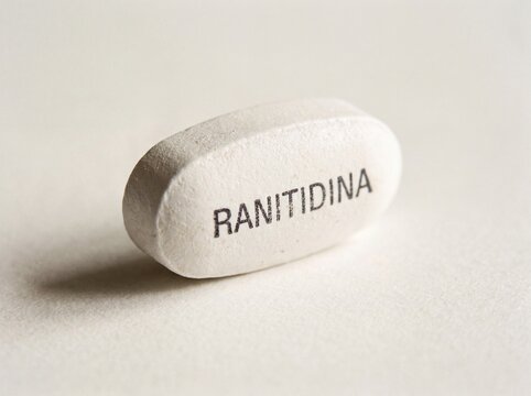 A professional photography close-up shot of an oval white tablet with the word RANITIDINA printed legibly on the side, isolated on a clean neutral background.