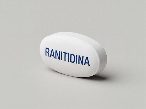 A professional photography close-up shot of an oval white tablet with the word RANITIDINA printed legibly on the side, isolated on a clean neutral background.