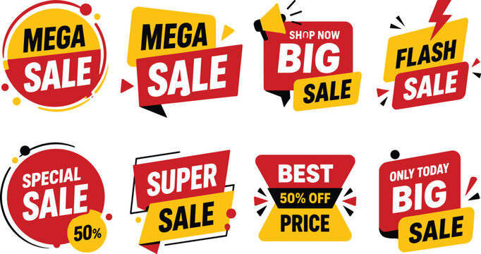 Vector set of professional discount tag labels for flash big super and mega sale events with modern fonts.