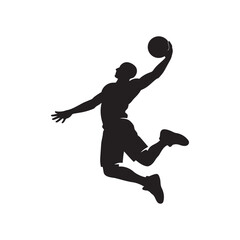 Bold Black Basketball Player Silhouette Jumping to Dunk — Athletic Man Slam Dunk Sport Vector Icon Isolated on White Background © Monour Hossen