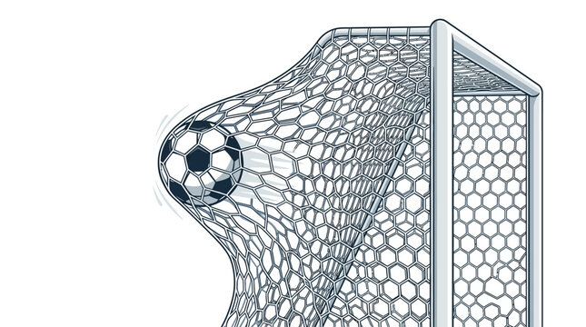 2D vector illustration of a black and white soccer ball hitting the back of a goal net, creating a bulge from the impact, featuring a detailed net pattern on a white background.
