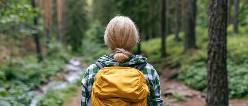 A woman in a plaid shirt and yellow backpack gazes into a serene forest with a stream, embodying adventure, contemplation, and a connection to nature in this beautiful landscape.