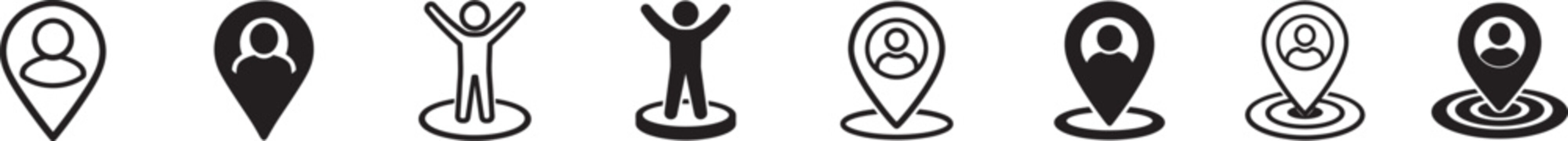 You are here icon set with map markers, location pins, navigation pointers and position symbols.
