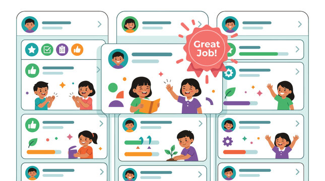 Children's educational app interface showing student progress cards, a "Great Job" achievement badge, cartoon avatars, reading activities, and colorful gamified progress tracking bars.