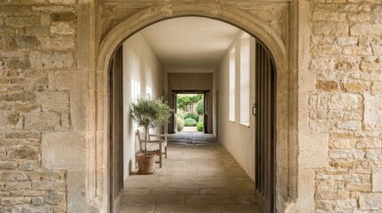 Fototapeta premium Rustic stone archway leading to a bright, welcoming hallway with potted plant and garden view